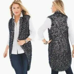 NWOT Chico's Black White Fuzzy Marled Yarn Open Front Long Sweater Vest S